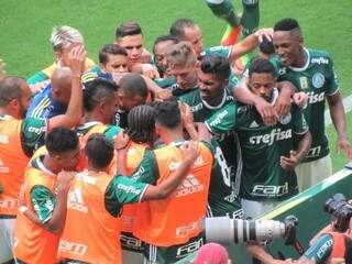 Jogadores do Palmeiras comemoram o segundo gol do jogo, marcado por Tchê Tchê (Foto: Twitter Palmeiras Todo Dia)