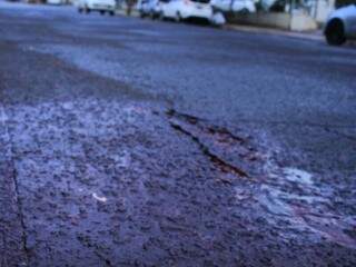 Hoje de manhã ainda era possível encontrar marcas de sangue no asfalto, próximo a tacaria (Foto: Marina Pacheco) 