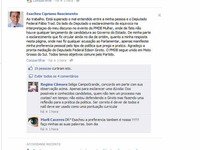  Presidente do PMDB se retrata com F&aacute;bio Trad pelo Facebook