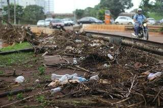 Lixo e lama acumulados em trecho da Avenida Ernesto Geisel (Foto: Marcos Ermínio)