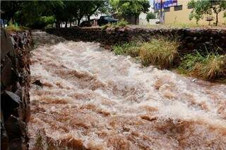 Volume de água  do Córrego Rego D&#039;Água aumentou com a chuva de ontem. (Foto: Eliel Oliveira) 