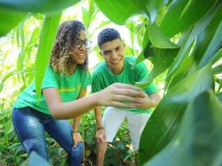 Pâmella e Jhonatan observam folhagem de milho, cultivado em horta na escola Lúcia Martins Coelho. Eles foram os &quot;fundadores&quot; do projeto. (Foto: André Bittar)