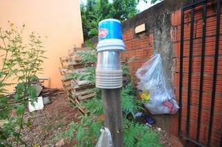 Garrafas e vasilhas todas com abertura para baixo, para evitar o acumulo de água (Foto: Luciano Muta)