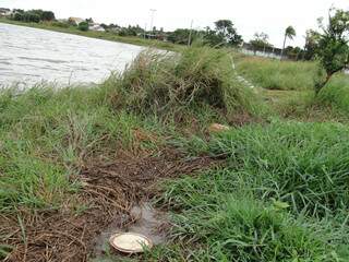 Bueiro feito para escoar água da chuva para lagoa está inutilizável e água fica presa às margens. (Foto: Pedro Peralta)