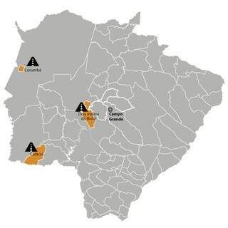 Mapa de MS com as cidades cujas obras foram anunciadas em destaque laranja. (Arte: Thiago Mendes).