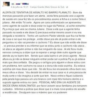 Relato sobre suposta tentativa de assalto na Vila Planalto, segunda-feira. (Imagem:Reprodução/Facebook)