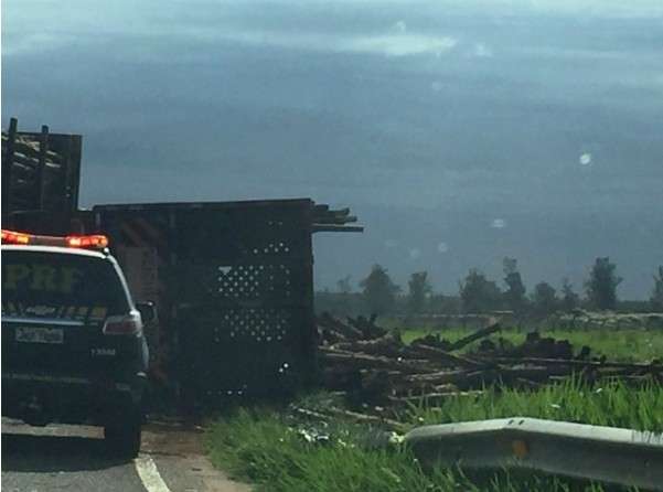 Carregada de eucalipto, carreta tomba em rodovia após carga se deslocar