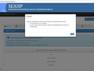 Site da Sejusp informa sobre necessidade de reagendamento. (Foto: Reprodução / Site Sejusp)