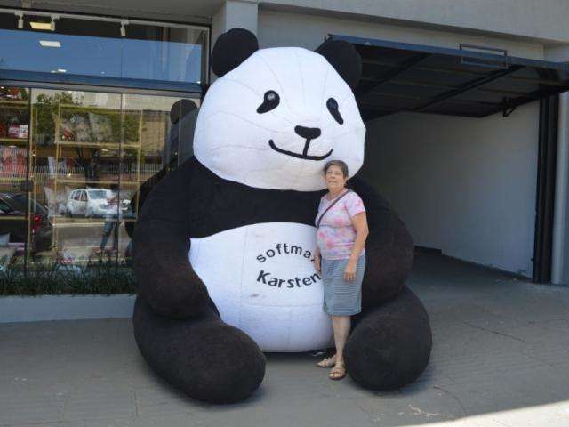 Panda gigante aparece na fachada e vira atra&ccedil;&atilde;o porque ningu&eacute;m resiste ao abra&ccedil;o