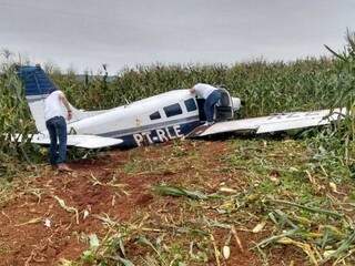 Avião de pequeno porte foi encontrado abandonado após pouso de emergência, no meio de plantação de milho. (Foto: Divulgação/ Polícia Civil)
