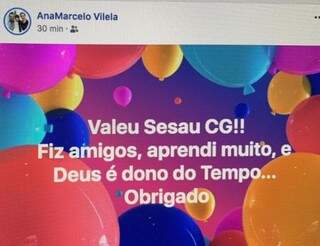 Despedida de Marcelo Vilela postada no Facebook essa manhã: Deus é dono do Tempo (Foto/Reprodução)