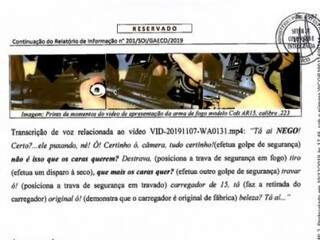 Trecho de relatório do Gaeco citado por promotora fala de flagrante de negociação de fuzil por funcionário de Name, dentro de presídio. (Foto: Reprodução de processo)