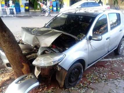 Motorista abandona carro em calçada após colisão com árvore