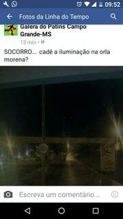 Post na página do Facebook do grupo Galera do Patins mostrando a falta de luz na Orla Morena.  (Foto: Direto das ruas)
