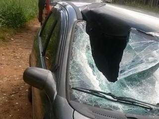 Carro ficou com a parte do passageiro danificado (Foto: Site Ivinotícias)