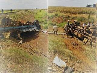 Dois ângulos do caminhão tombado fora da pista. (Foto: Mstododia)