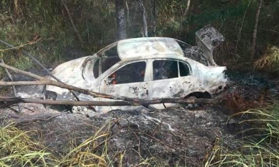 Ve&iacute;culo colide em capivara, sai da pista e pega fogo nas margens da MS-157