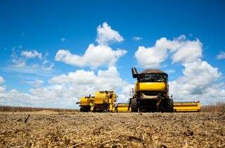 Máquinas colhendo soja em safras passadas: valores podem ser usados para custear trabalhos agrícolas (Foto: Marcos Ermínio/arquivo)