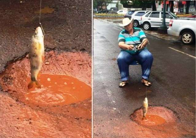 Morador vira sensa&ccedil;&atilde;o no Facebook ao pescar em buraco de avenida