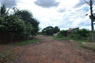 Rua deserta e cheia de terrenos baldios virou alvo de ladrões. (Foto: Marcelo Calazans)