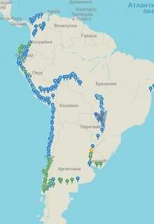 Todos os pontos visitados por Kostantin na América do Sul. 