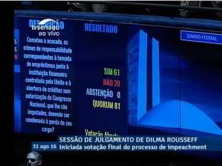 Placar da votação de Dilma: maioria dos senadores aprovou o impeachment (Foto: reprodução / TV Senado)