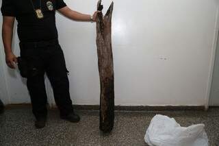 O pedaço de pau com um metro e meio de comprimento, usado para matar a vítima (Foto: Fernando Antunes)