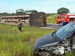 Caminhão tombou após colidir em carro e pelo menos,
 cinco bovinos morreram. (Foto: Celso Daniel/ JPNews)