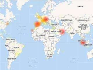 Mapa do site Downdetector mostrando instabilidade em diferentes regiõs do mundo. (Foto: Divulgação)