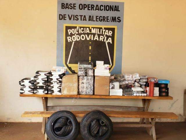 De pneus a cigarros, carro abarrotado de contrabando &eacute; apreendido na MS-164