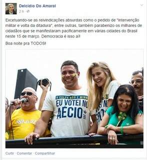 O senador Delcídio do Amaral foi a única exceção, mas se contentou em parabenizar os milhares de cidadãos que se manifestaram pacificamente em várias capitais do Brasil neste 15 de março. (Foto: Facebook/Reprodução)