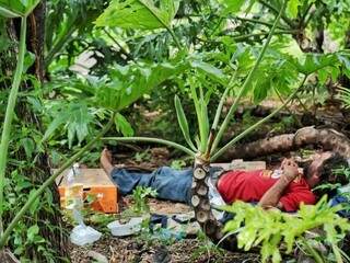 Homem dormia em canteiro central da Avenida Afonso Pena. (Foto: Fernando Antunes)