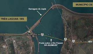 Mapa sinaliza onde é a nova ponte, paralela a usina de Jupiá. 