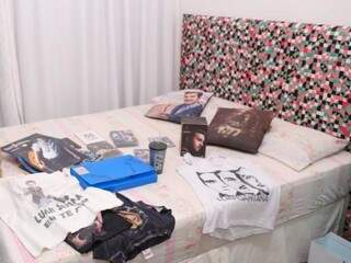 Camisetas, DVDs, almofadas, copo e outros objetos que a fã guarda no quarto. (Foto: Paulo Francis)
