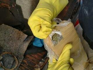 Policial com tablete de maconha encontrado em tanque de Fiat Uno (Foto: Adilson Domingos)
