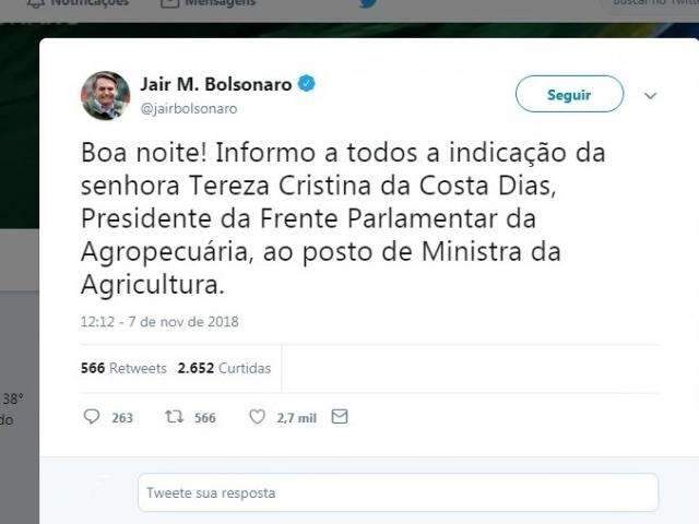 Entidades comemoram indica&ccedil;&atilde;o e esperam que Tereza apoie o agroneg&oacute;cio