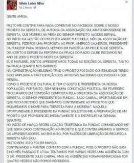 Post do Presidente da Associação Sul-Mato-Grossense no Facebook. (Foto: reprodução/Facebook)