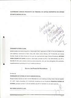 Denúncia feita pelo Operário em 2011, contra o Rio Verde, com o visto do vice-presidente da FFMS.
