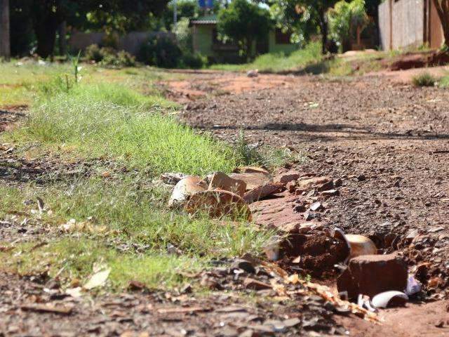 Ruas que j&aacute; n&atilde;o t&ecirc;m asfalto, com a chuva ganham valetas, lixo e mato