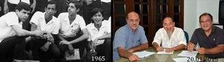 Antes e depois de passados 50 anos. Rachid Waqued, Roberto Higa e Moacir Lacerda. (Foto: Arquivo Pessoal)