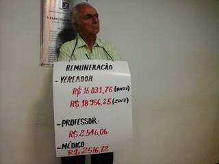 Aposentado realiza protesto contra vereadores e pede redução de salários (Foto: Leonardo Rocha)