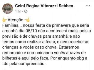 Festa da primavera que estava agendada para amanhã, sexta-feira (5), também foi adiada. (Foto: Direto das Ruas)