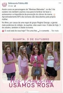 Nas redes sociais, a Defensoria pública de Mato Grosso do Sul usou a brincadeira para conscientizar sobre o câncer de mama (Foto: Reprodução facebook)