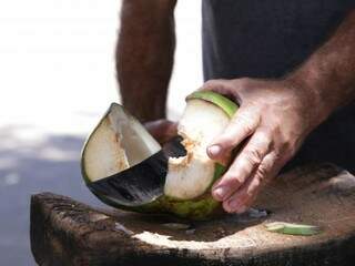 Trabalhador manoseando coco, um dos produtos sucesso nesse calor. (Foto: Kisie Ainoã)