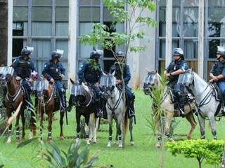 Cavalaria a postos no gramado da casa de leis (Foto: André Bittar)