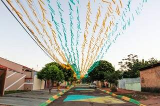 Moradores colocaram fitas em verde e amarelo e pintaram o asfalto com bandeiras do Brasil. (Foto:Marcelo Victor) 