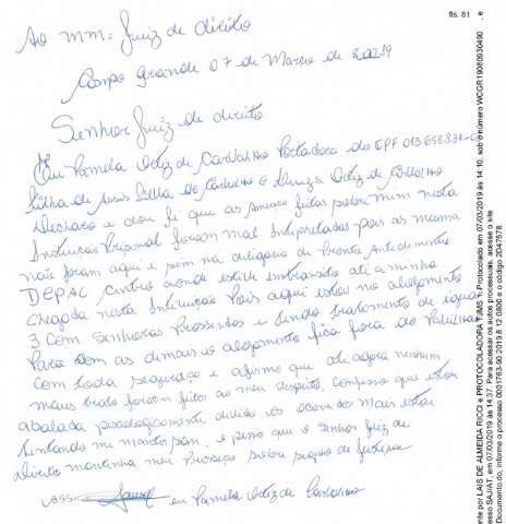 Em carta escrita &agrave; m&atilde;o, assassina de idosa nega amea&ccedil;as em pres&iacute;dio