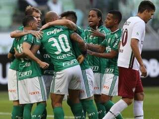 Comemoração do Verdão durante um dos gols na partida de hoje. (Foto: Cesar Greco/Ag.Palmeiras/Divulgação) 