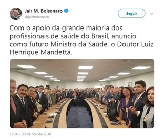 Bolsonaro anunciou Mandetta como ministro em seu Twitter. (Foto: Reprodução)