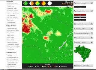 Nas duas áreas em vermelho no mapa, ao noroeste e centro de Mato Grosso do Sul, é possível observar a previsão de risco de fogo para o Estado que, segundo o Inpe, é de médio a crítico. (Foto: Reprodução / Inpe)